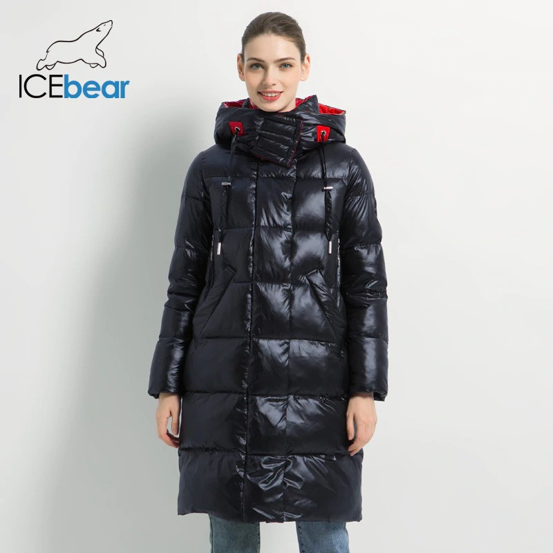 Пуховик женский зимний ICEbear. Куртка теплая удлиненная с капюшоном на биопухе (черный с красной отделкой) - фото 1 - id-p1281329605