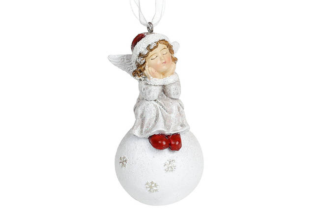 Декоративна підвісна фігурка Ангелочок на сніжці, 8 см, колір — білий із червоним, у пакованні 12 шт. (707-841), фото 1