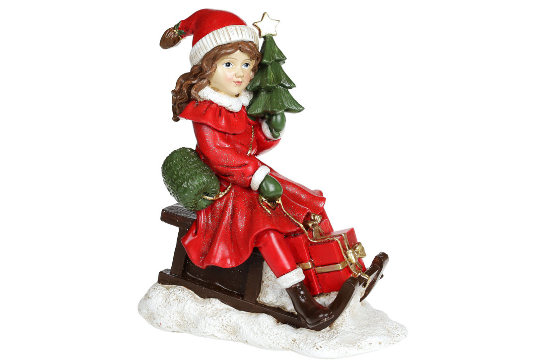 Декоративна статуетка Дівчинка з ялинкою на санках, 22 см, колір — червоний (707-852)