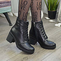Ботинки женские кожаные на устойчивом каблуке, цвет черный