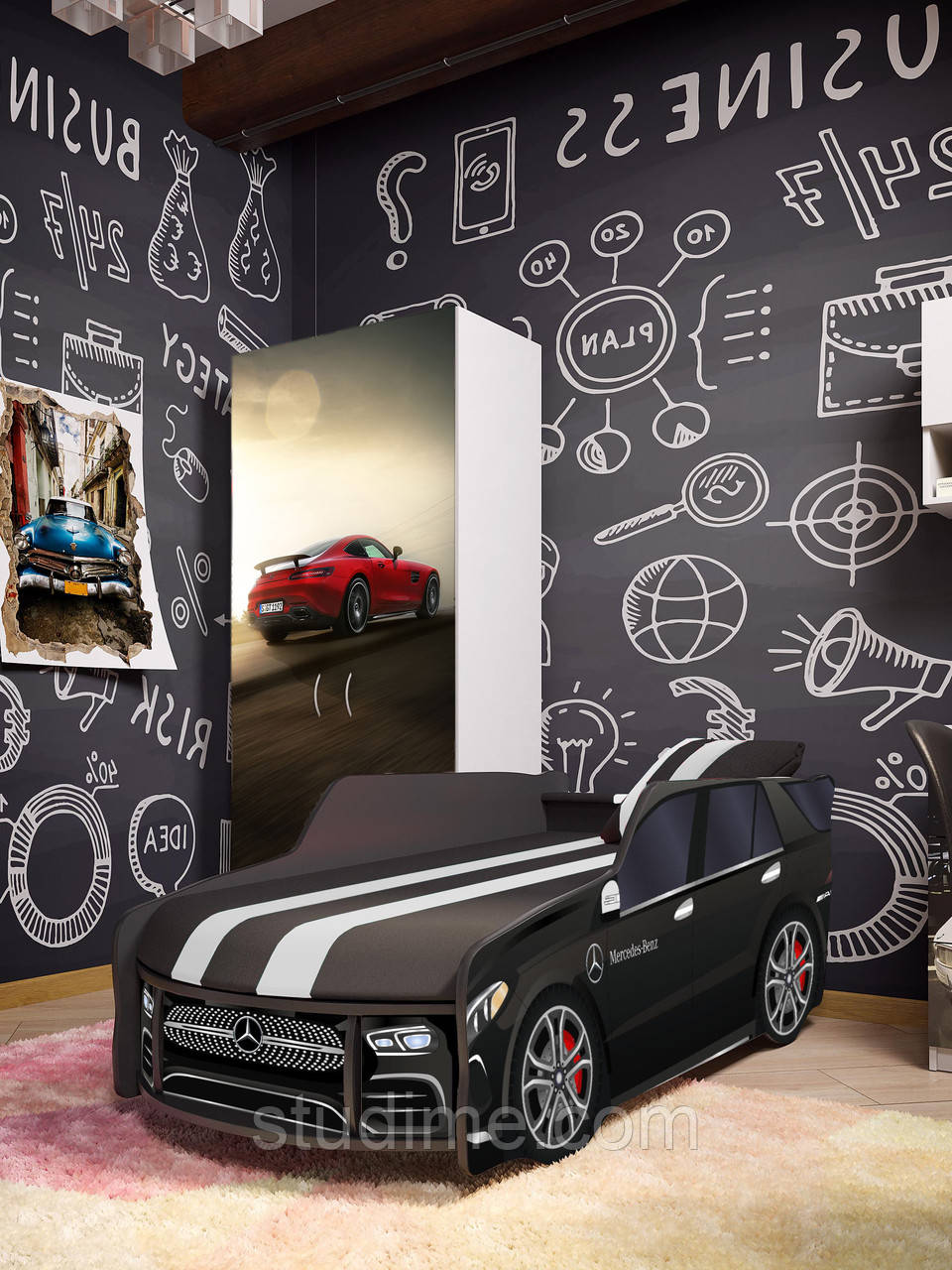 Дитяче ліжко-машинка MERCEDES з матрацом, подушкою та м'яким спойлером
