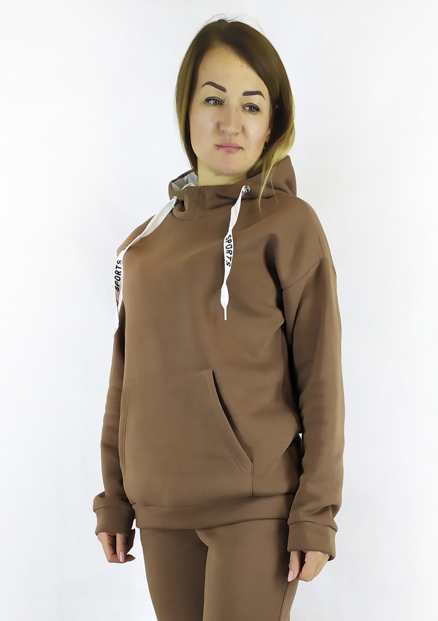Спортивне жіноче худі коричневого кольору на флісі з капюшоном XL, XXL, 3XL сезон ОСІНЬ/ЗИМА