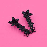 Шпилька качечка 2 шт. ажурний чорний метал квіти з чорним камінням 5.5х2.2 см