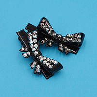 Шпилька для волосся качечка 5,5х3,5 см 6 шт чорний пластик бант зі сріблястими та сірими стразами