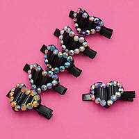 Шпилька для волосся качечка 6 шт. чорний пластик серце з кольоровими стразами