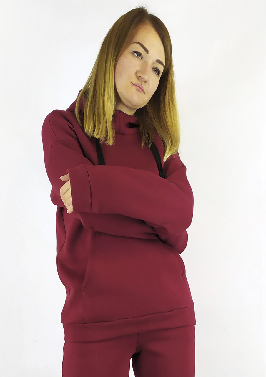 Утеплена бордова жіноча кофта-худі із капюшоном та кишенями XL, XXL, 3XL