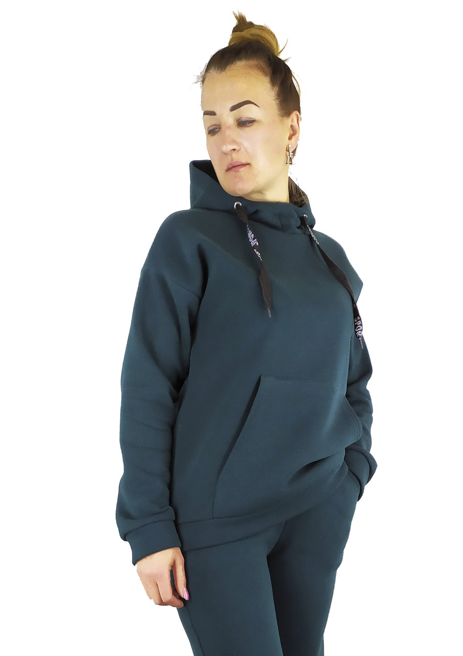 Смарагдова жіноча кофта-худі у спортивному стилі на флісі з капюшоном XL, XXL, 3XL
