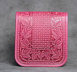 Шкіряна сумка ручної роботи з тисненим орнаментом "Фундук", велика рожева шкіряна сумка через плече, фото 3