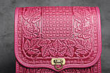 Шкіряна сумка ручної роботи з тисненим орнаментом "Фундук", велика рожева шкіряна сумка через плече, фото 4