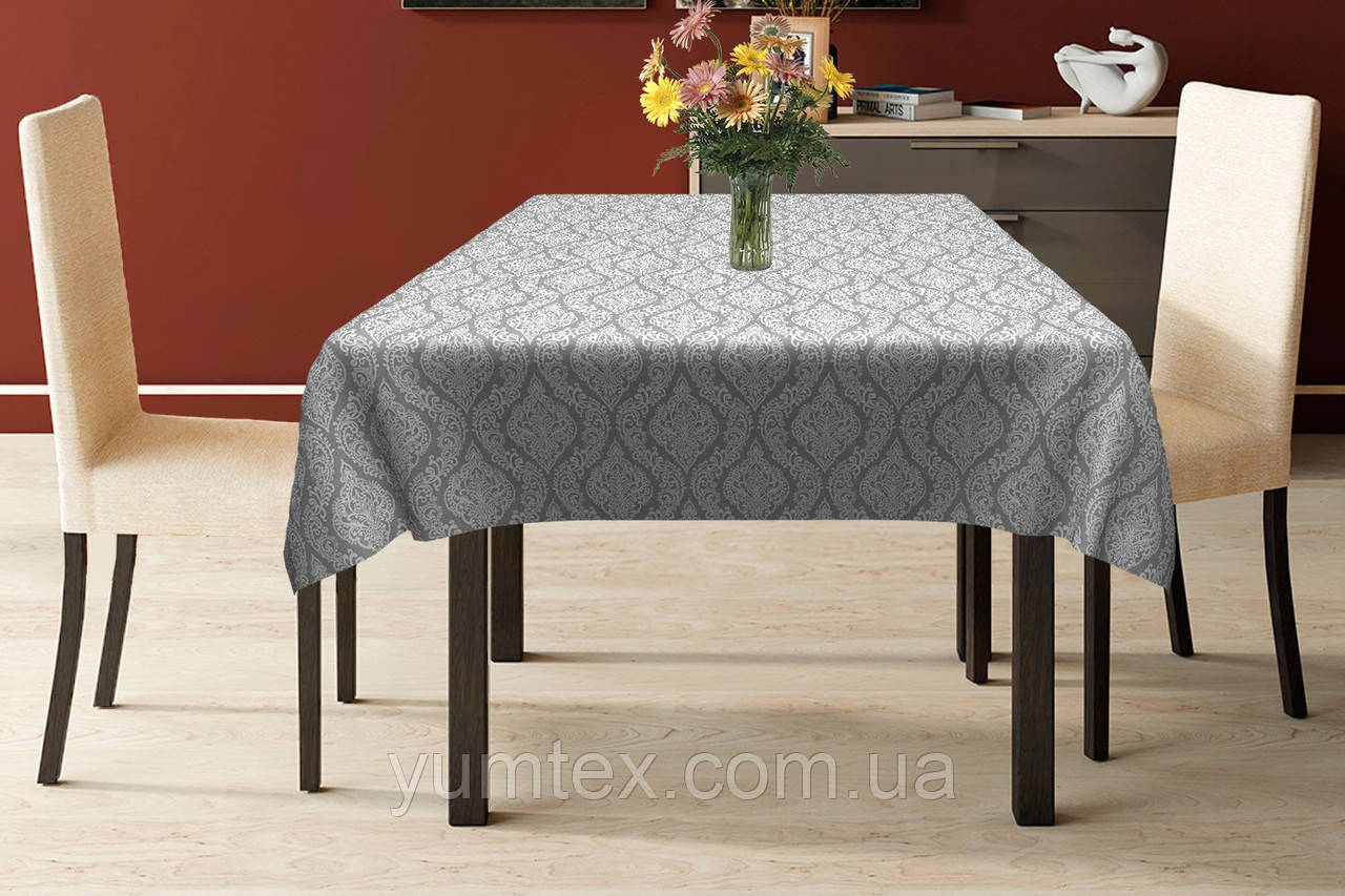 Скатертина бавовна тефлон водовідштовхувальне гідрофобне просочення білі візерунки на сірому тлі, фото 1