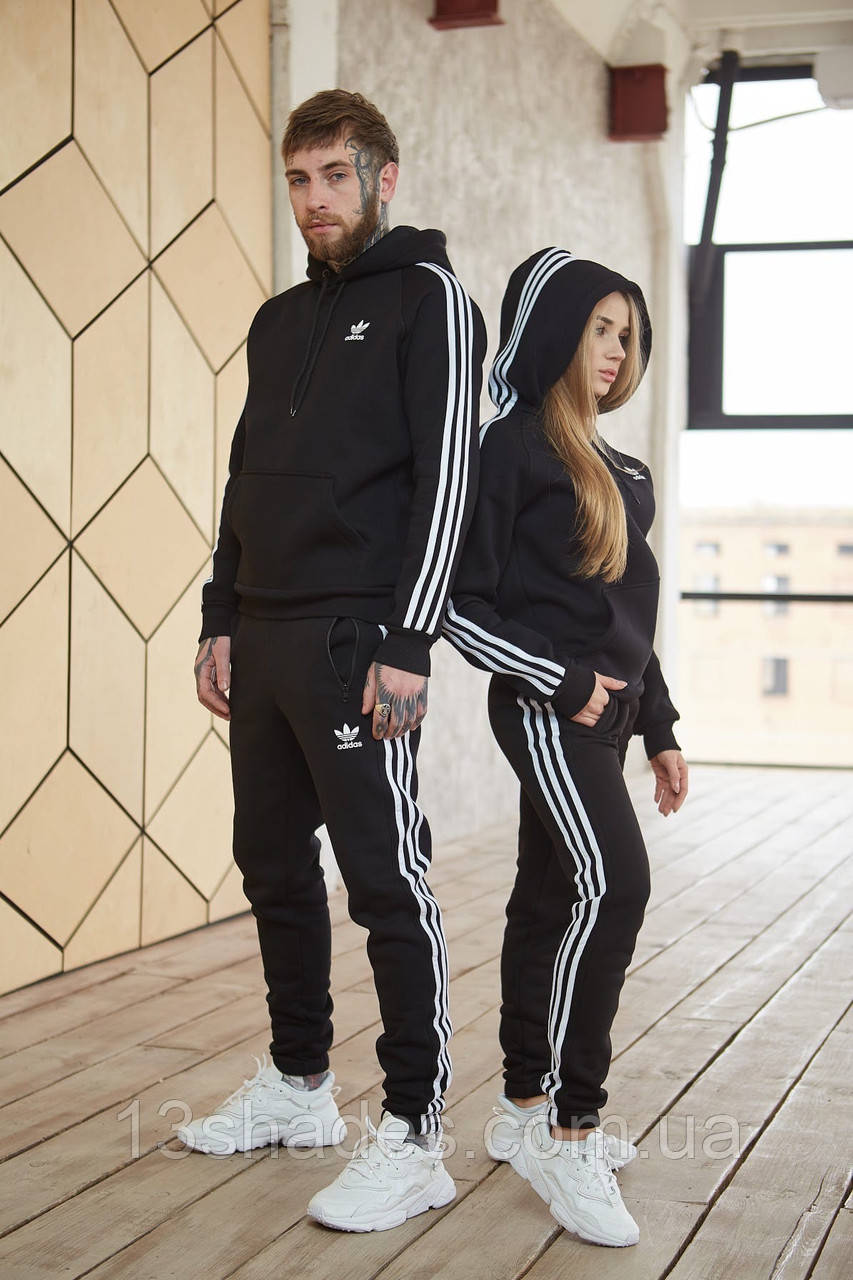 Спортивний костюм з капюшоном теплий зима Adidas Адідас Худі + штани чорний Київ, фото 1