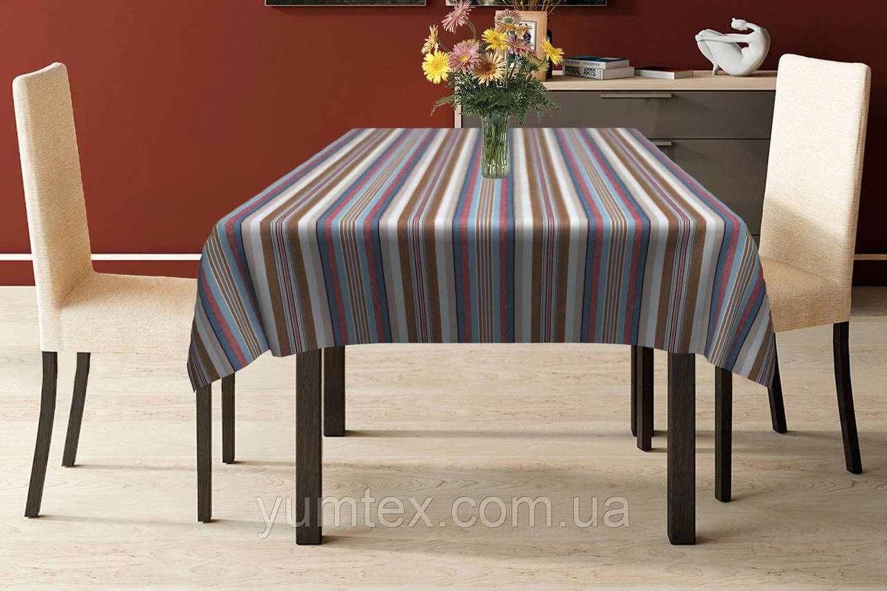 Скатертина бавовна тефлон водовідштовхувальне гідрофобне просочення в смужку бежево-блакитного кольору, фото 1