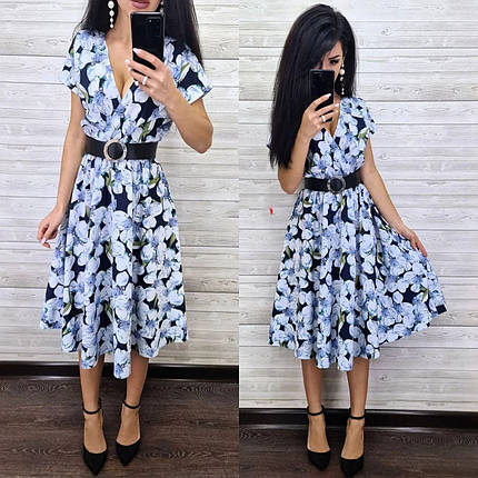 Стильне плаття з квітами та поясом із високою талією на літо софт, фото 1