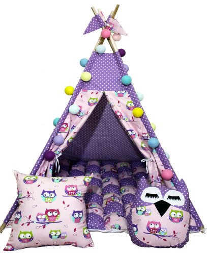 Вігвам дитячий намет для будинку комплект Бонбон Сови фіолетовий з подушками