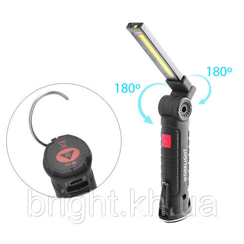 Ліхтар кемпінг W-51-SMD+COB, ЗП micro USB, вбудований акумулятор, поворот180?+180?, магніт, затискач, гак