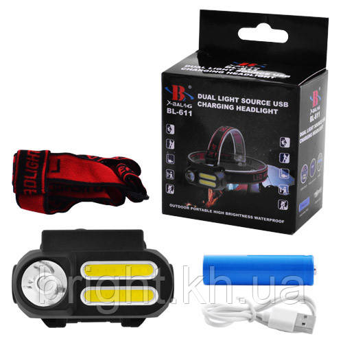 Ліхтар налобний BL-611-1LM+2COB, ЗУ micro USB, 1x18650