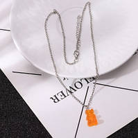 Дитячий кулон желейний ведмедик, помаранчевий -довжина 48см, смола, цинковий сплав