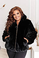 Стильний чорний жіночий штучний кожушок великих розмірів із капюшоном р.48-56. Арт-1306/37