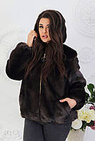 Стильний чорний жіночий кожушок великих розмірів зі штучної норки з капюшоном р.48-56. Арт-1307/37