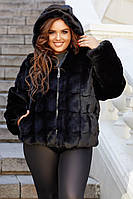 Стильний чорний жіночий кожушок великих розмірів зі штучної норки з капюшоном р.48-56. Арт-1311/37