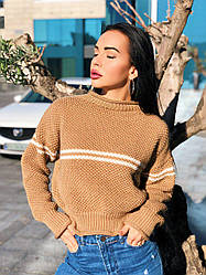 Укорочений теплий жіночий светр напіввовна зі смугою