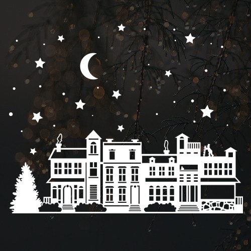Інтер'єрна вінілова наклейка на вікно і стіну Новорічний містечко (будиночки, зірки, біла наклейка)