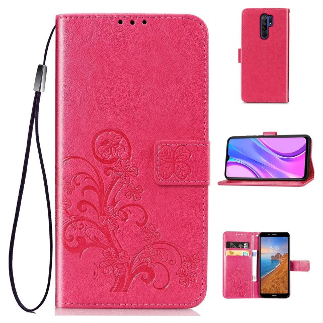 Чохол книжка Clover для Xiaomi Redmi 9 з квіткою малиновий