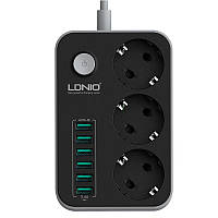 Подовжувач мережевий Ldnio SE3631, 6USB, 3 розетки, 1.6 м, чорний