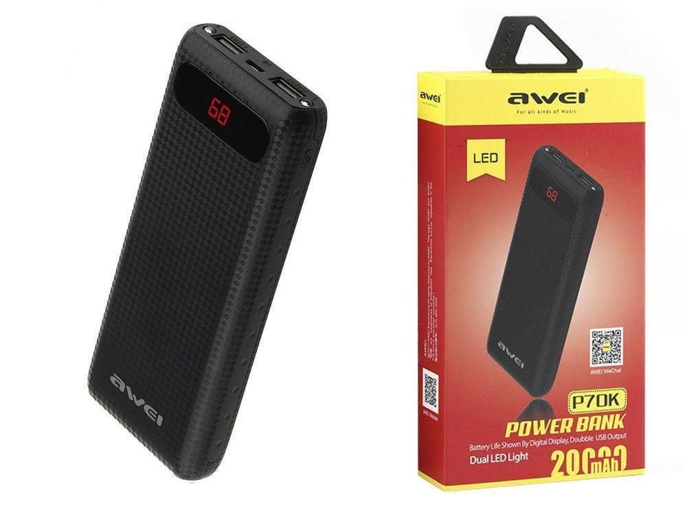 Power Bank AWEI 20000 mAh P70K внешний аккумулятор с LCD-дисплеем - фото 6 - id-p1282613098