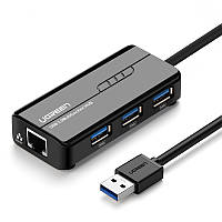 Сетевой адаптер/хаб Ugreen 20265 USB 3.0 - 3 х USB 3.0 + RJ45 Ethernet 1000Mbps (Черный)