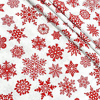 Турецкая хлопковая ткань ранфорс "Красные снежинки на белом" 240 см