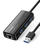 Сетевой адаптер Ugreen usb hub USB 3.0 - 3хUSB 3.0 + RJ45 Ethernet 1000Mbps Black (20265)