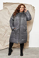 Стильне жіноче стьобане батальне пряме пальто-куртка з капюшоном супербатал р.58-64. Арт-1313/37 графіт