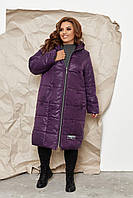 Стильне жіноче стьобане батальне пряме пальто-куртка з капюшоном супербатал р.58-64. Арт-1313/37 баклажан
