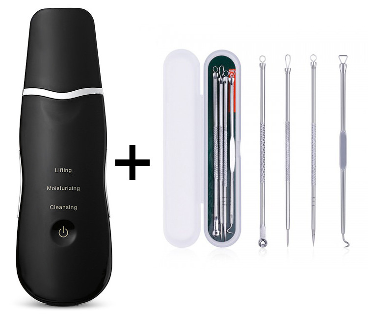 Ультразвуковий Скрабер Black Owl чорний + Набір інструментів для видалення вугрів, вугрів DUcare (4 штуки), фото 1