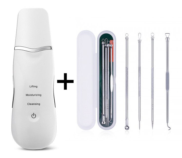 Ультразвуковий Скрабер BlackOwl білий + Набір інструментів для видалення вугрів, вугрів DUcare (4 штуки), фото 1