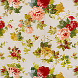 Скатертина овальна бавовна тефлон водовідштовхувальне гідрофобне просочення принт букет із червоних троянд і бежевих, фото 2