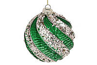 Елочный шар с рельефом и декором из глиттера, 10см, цвет - классический зелёный, в упаковке 4шт. (118-574)