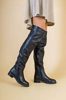 Женские сапоги ботфорты из натуральной кожи теплые на низком каблуке с молнией, черного цвета