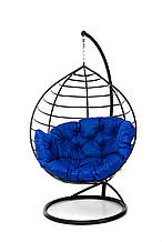 Підвісне крісло кокон для дому та саду з великою подушкою до 150 кг синього кольору в чорному коконі без
