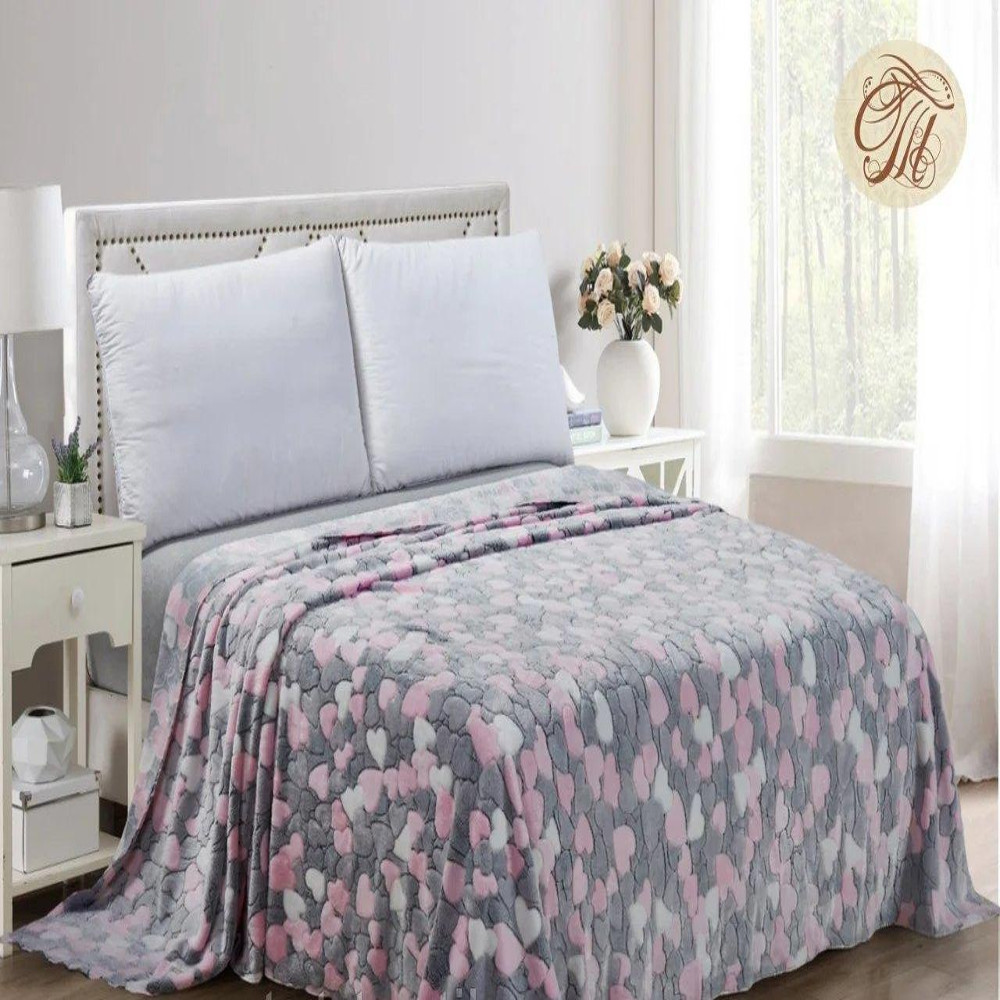 Плед-покривало мікрофібра "Gray-pink hearts" 200*220, фото 1