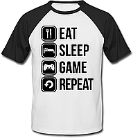 Футболка "Eat Sleep Game Repeat" (белая с чёрными рукавами)