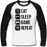 Футболка с длинным рукавом "Eat Sleep Game Repeat" (белая с чёрными рукавами)