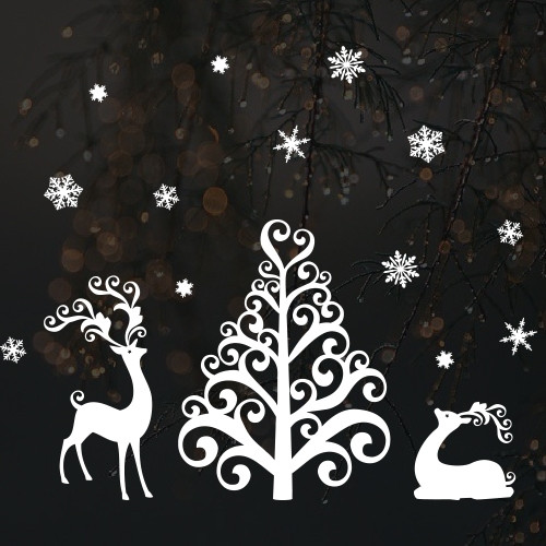 Новорічна наклейка Олені під ялинкою з набором сніжинок (вінілові декор вікон) матова маленький набір