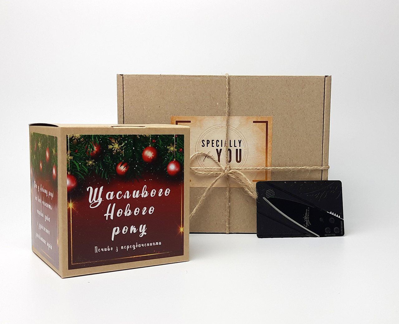 Новорічний чоловічий набір "По лезу ножа": ніж кредитка, Печиво з передбаченнями Щасливого Нового року(укр), фото 1