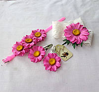 Дизайнерский набор повязка для волос, заколки тик-так и браслет ручной работы "Ромашка Розовая"