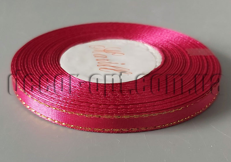 Стрічка атласна малинова із золотим люрексом 0,6 см 36ярд 27