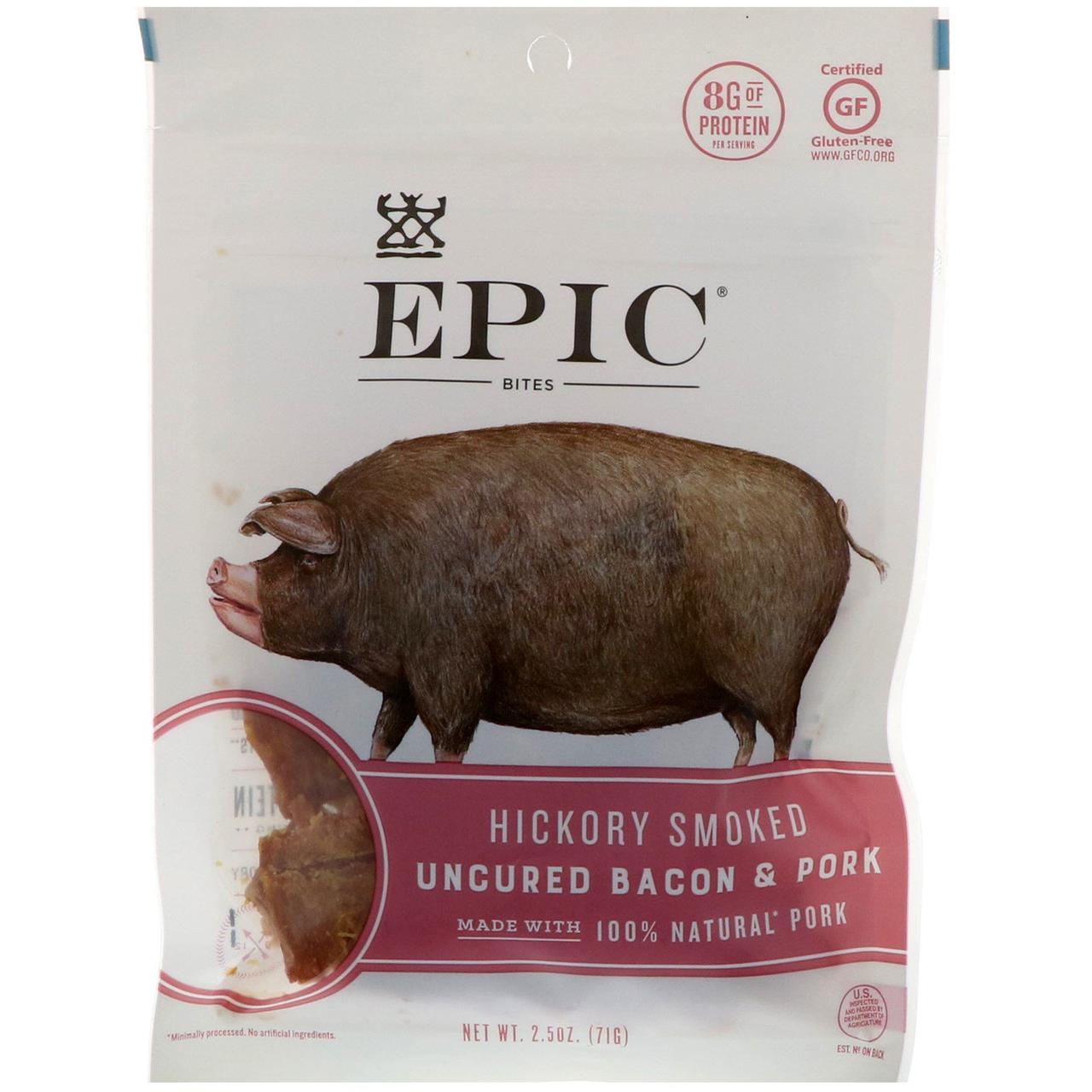 ОРИГІНАЛ!М'яні снеки Epic Bar, Незасочені яловичина та свинина, скупчені з гікорі,71 грам виробництва США