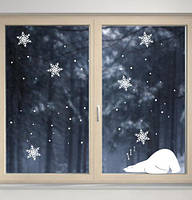 Новорічна наклейка Білий ведмедик (ведмідь декор вікон стін Новий рік) глянець ведмедик 300х130 мм 6 сніжинок