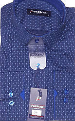 Сорочка чоловіча Passero vd-0034 синя приталені у візерунок з довгим рукавом стрейч коттон Туреччина